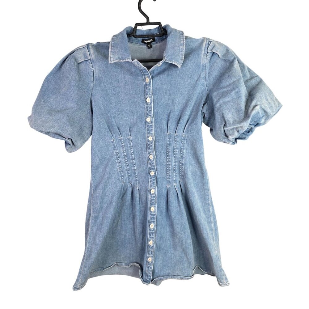 Womens Express Blue Denim Corset Mini Shirt Dress Puff Sleeve Button Up Size L